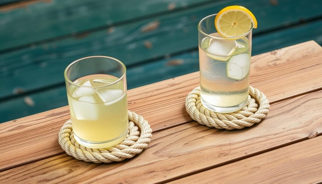 An image of nautical rope coasters on a wooden table, with a glass of lemonade on top.