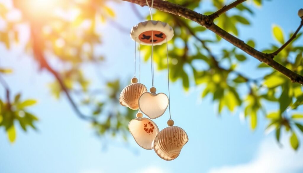 An image of seashell wind chimes hanging from a tree branch, with seashells gently swaying in the breeze.
