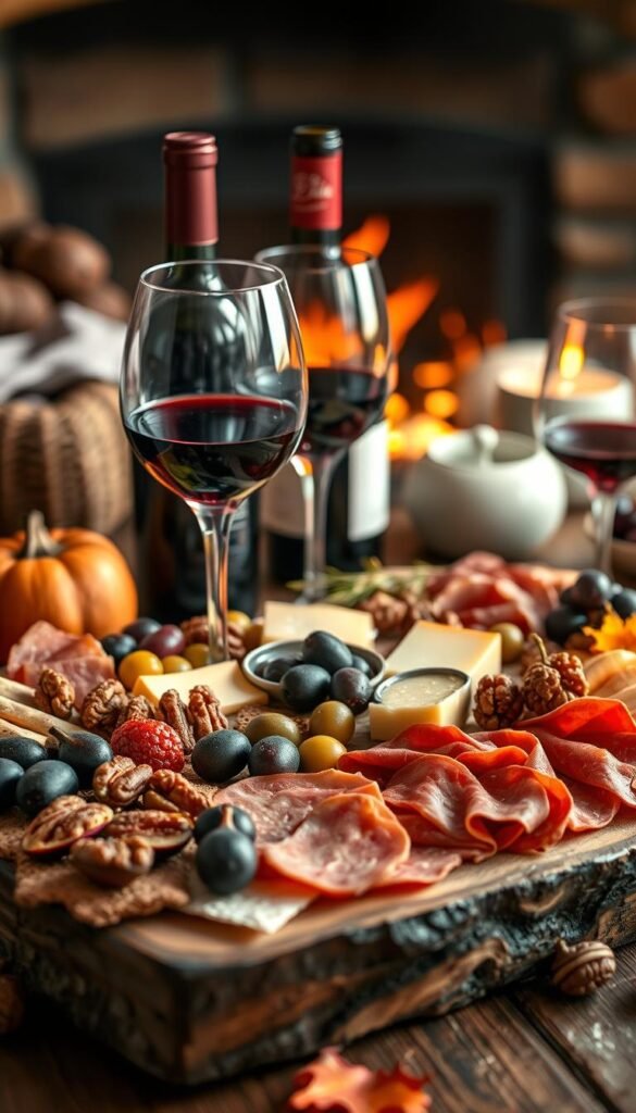 Autumn charcuterie board showcased in soft, warm lighting. In the foreground, an assortment of cured meats, aged cheeses, and olives arranged artfully on a rustic wooden board. Surrounding them, a scattering of figs, grapes, and candied walnuts in rich, autumnal hues. In the middle ground, a crystal wine glass filled with a deep red vintage, complemented by a bottle of Cabernet Sauvignon. In the background, a cozy, fire-lit setting with earth-toned accents, hinting at the perfect pairing for this fall-inspired spread.