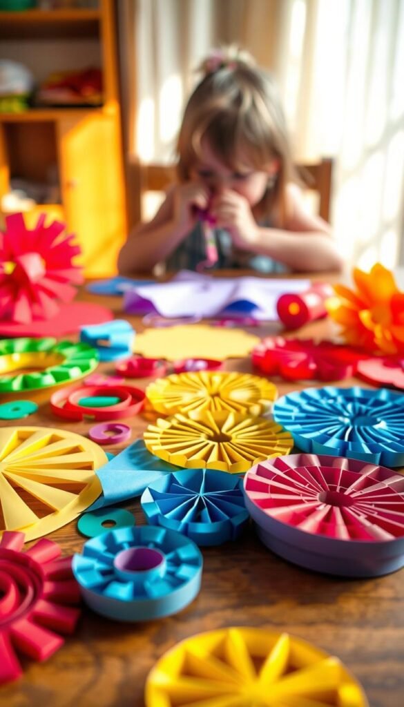 Brightly colored construction paper crafts arranged on a wooden table. In the foreground, a variety of intricate paper shapes and patterns - circles, triangles, and spirals in vibrant hues of red, blue, yellow, and green. In the middle ground, a child's hands carefully folding and manipulating the paper, their face obscured. The background is softly blurred, highlighting the tactile nature of the craft materials. Warm, natural lighting illuminates the scene, casting gentle shadows and creating a cozy, inviting atmosphere. The overall impression is one of creativity, imagination, and the joy of hands-on, DIY paper projects.