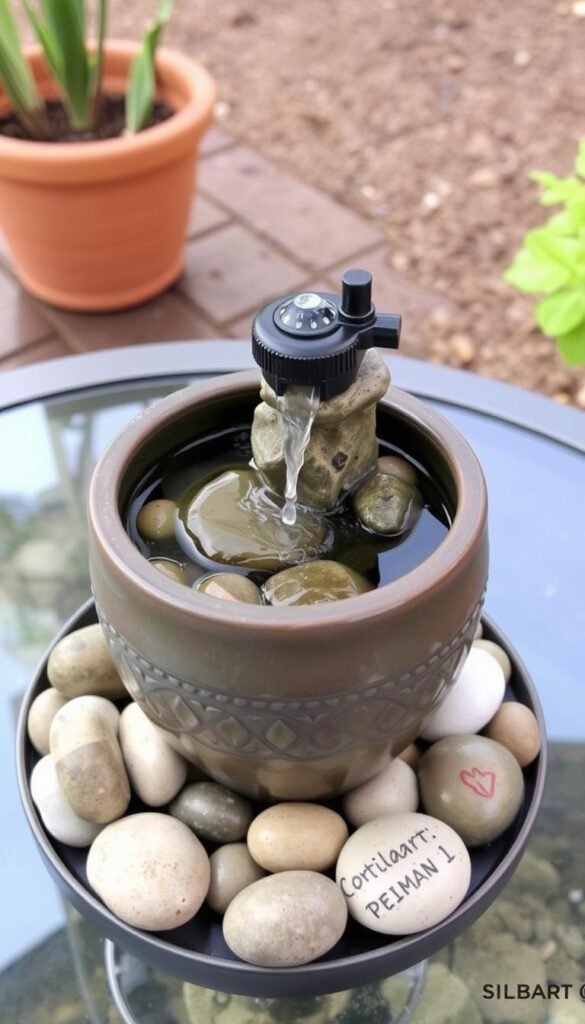 Build a tabletop water feature using a container, rocks, and a small pump.