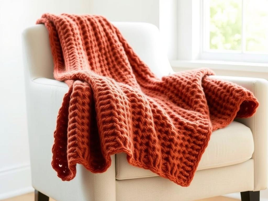 Chunky knit throw blanket in burnt orange draped over a cozy armchair