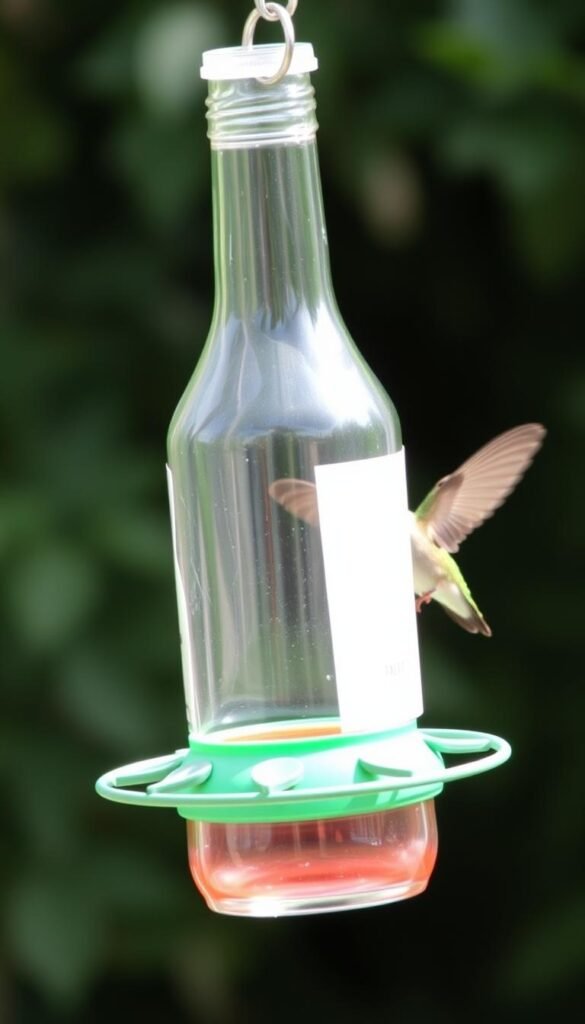 Create a hummingbird feeder using a glass bottle, tube, and sugar-water solution.