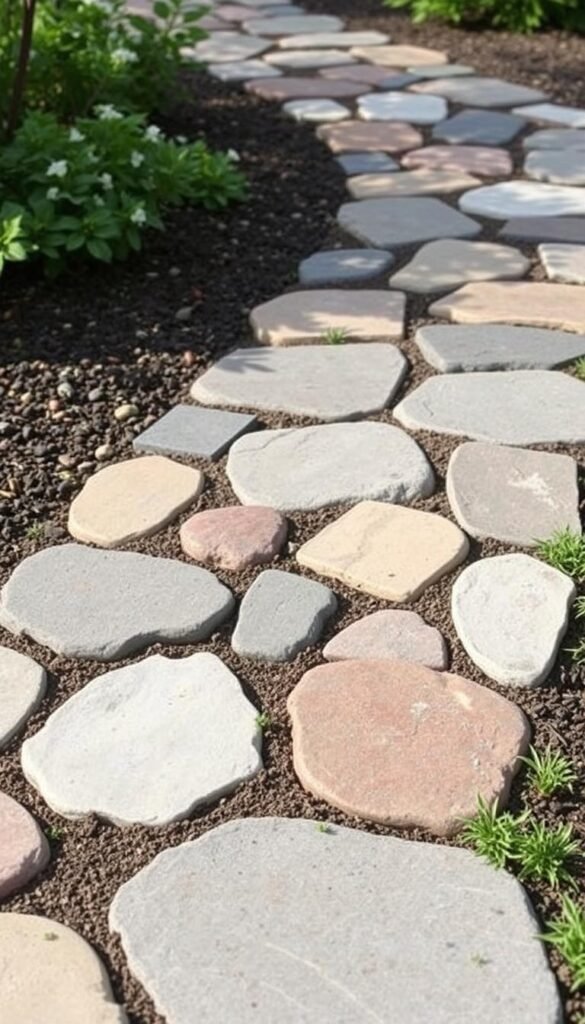 Create a stepping stone using concrete and decorative stones.