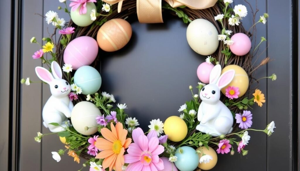 Create an Easter-themed door wreath using pastel colors, eggs, and bunnies.