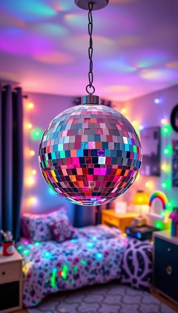 Create an image of a DIY disco ball hanging in a teen's room