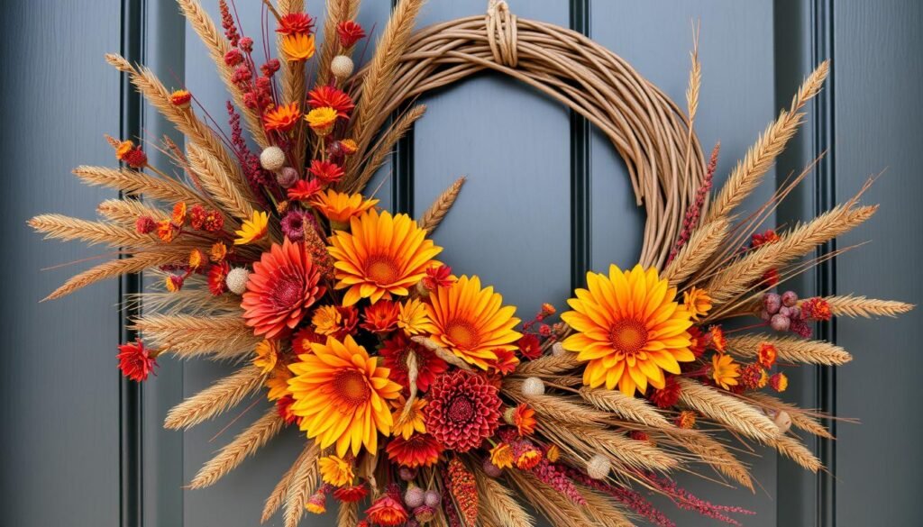Create an image of a beautiful fall-themed door wreath made with dried grasses and flowers.
