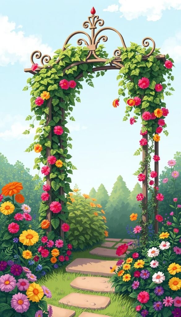 Create an image of a beautiful garden with a decorative trellis supporting climbing plants.