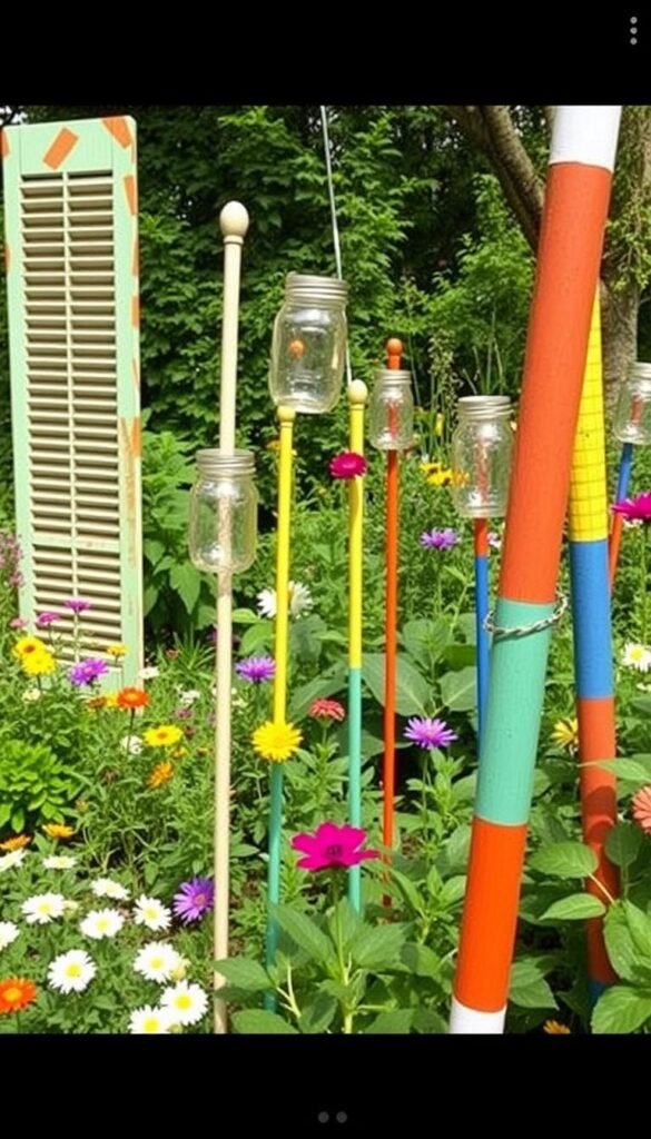 Create an image of a beautiful garden with art made from repurposed items like old shutters, mason jars, and painted garden poles.