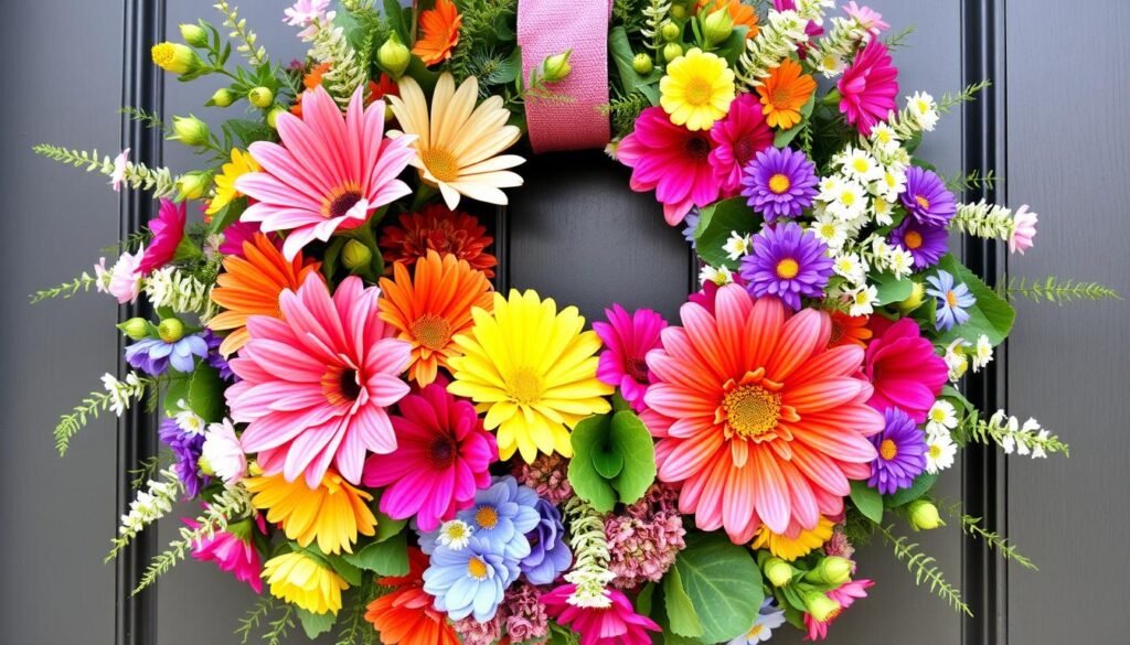 Create an image of a beautiful summer DIY door wreath