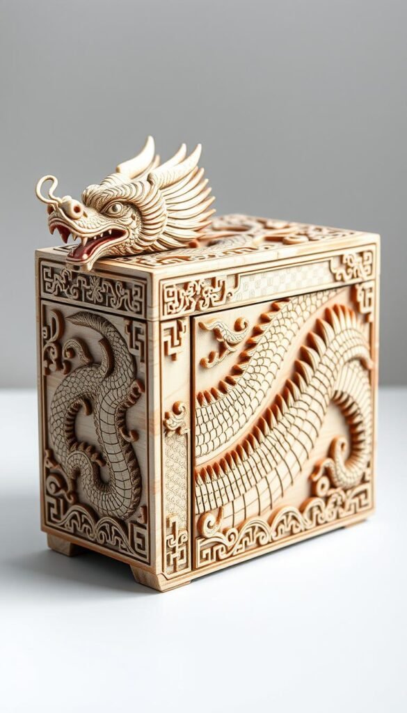 Create an image of a beautifully crafted Chinese Dragon Puzzle Box with intricate dragon decorations on its sides.