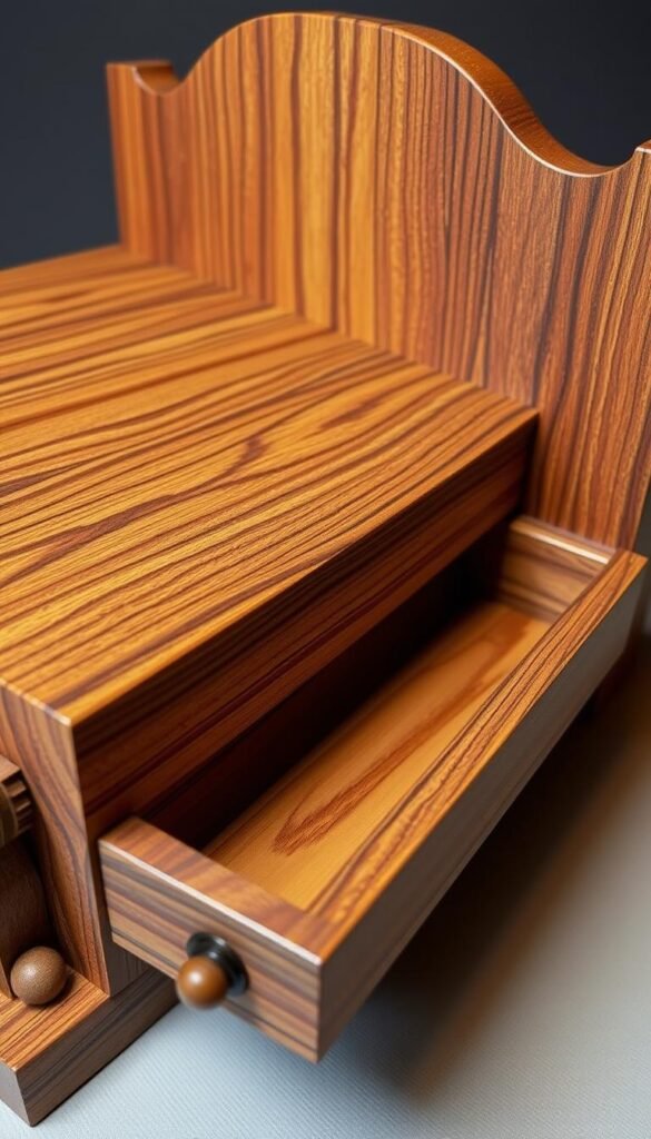 Create an image of a beautifully crafted wooden book press with a hidden drawer.