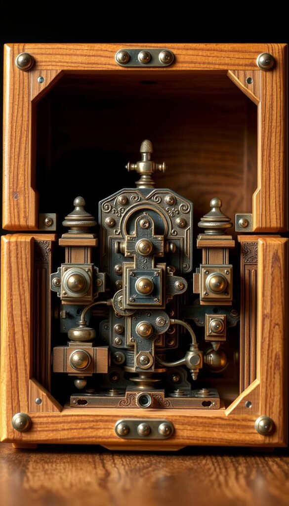 Create an image of a beautifully crafted wooden puzzle box with intricate locking mechanisms.