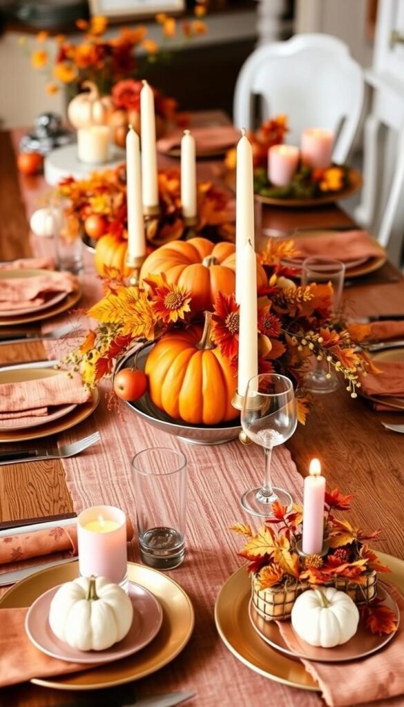 Create an image of a beautifully decorated fall table with a mix of DIY centerpieces