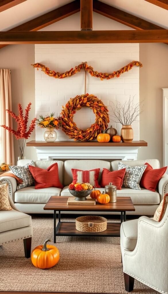 Create an image of a beautifully decorated living room with DIY fall decor