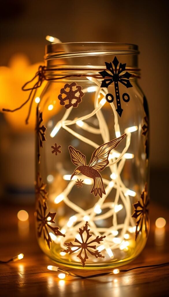 Create an image of a beautifully decorated mason jar with fairy lights inside.