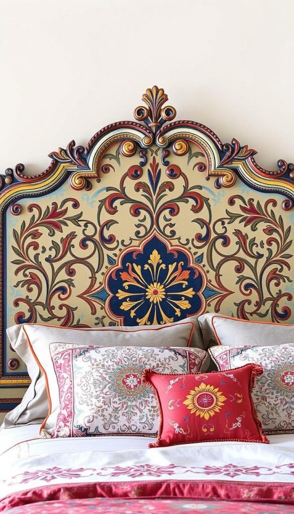 Create an image of a beautifully painted headboard with stencils