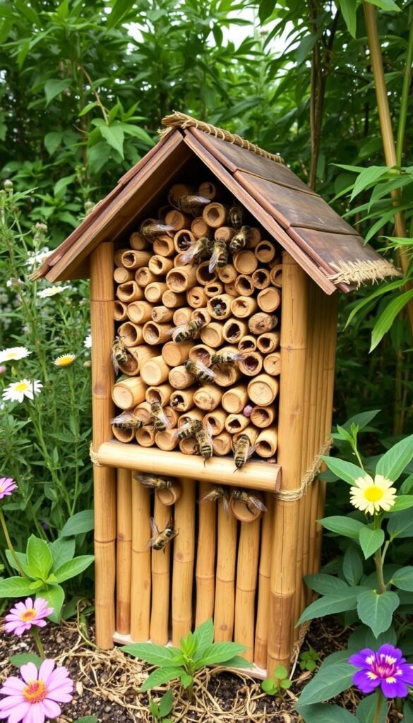 Create an image of a bee hotel made from bamboo sticks.