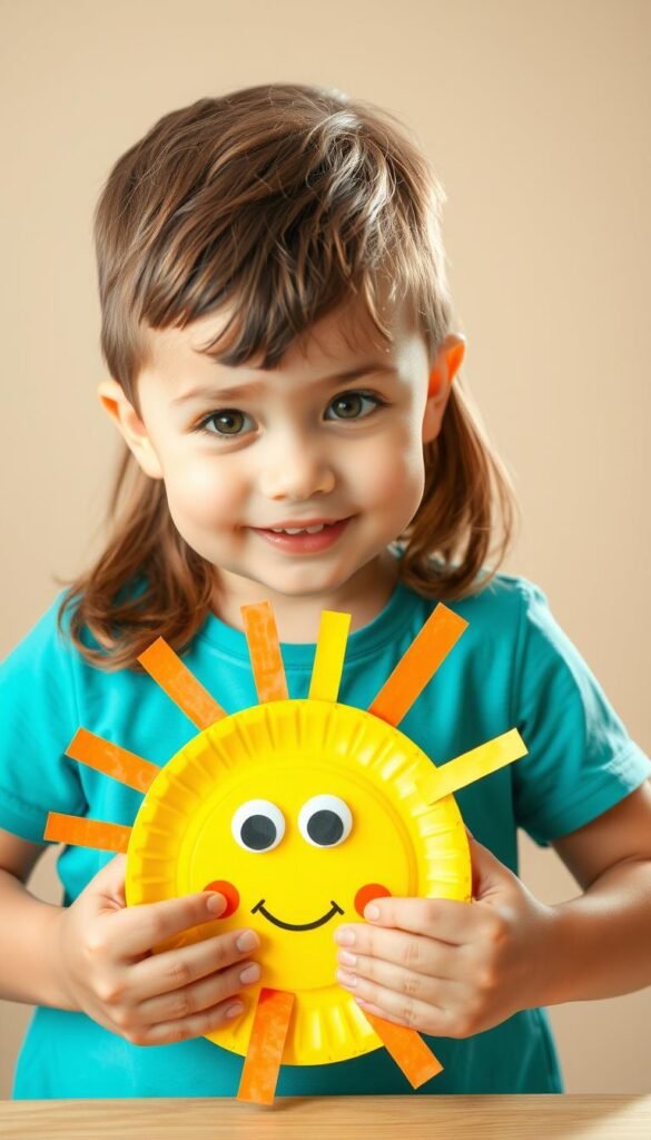 Create an image of a child making a paper plate sun craft, with a bright yellow paper plate, orange and yellow construction paper strips, and googly eyes.