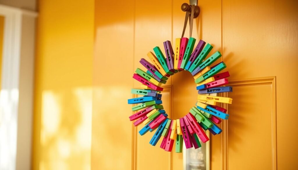 Create an image of a clothespin wreath on a front door.