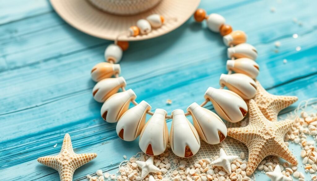 Create an image of a cowrie shell necklace with natural shells and beachy accessories.