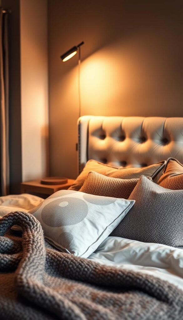 Create an image of a cozy bedroom with a tufted upholstered headboard