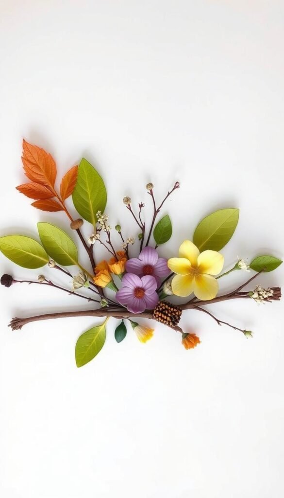 Create an image of a craft project using natural materials like leaves, twigs, and flowers.