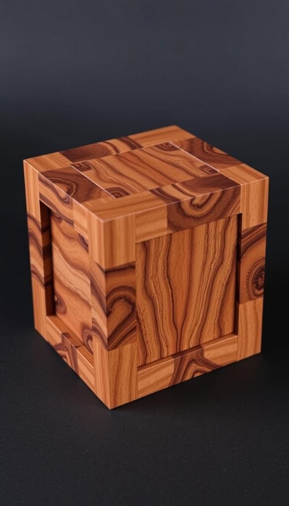Create an image of a cube puzzle box with a removable panel, made from olive wood and mahogany, with dimensions 100x100x100 mm.