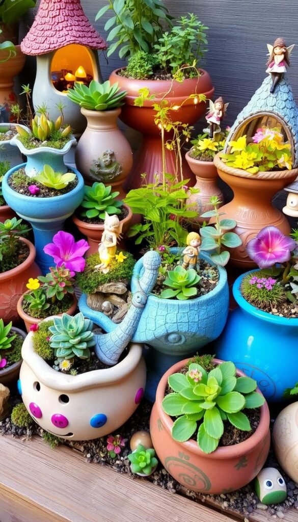 Create an image of a fairy garden with various containers and vessels