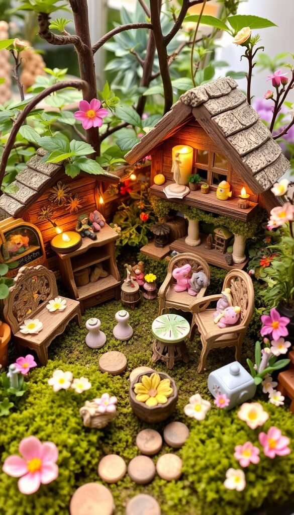 Create an image of a fairy garden with various handmade accessories like miniature furniture, tiny flowers, and whimsical decorations.