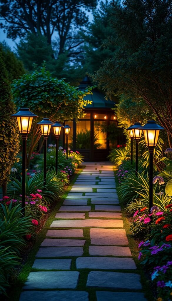 Create an image of a garden pathway illuminated by solar-powered lights