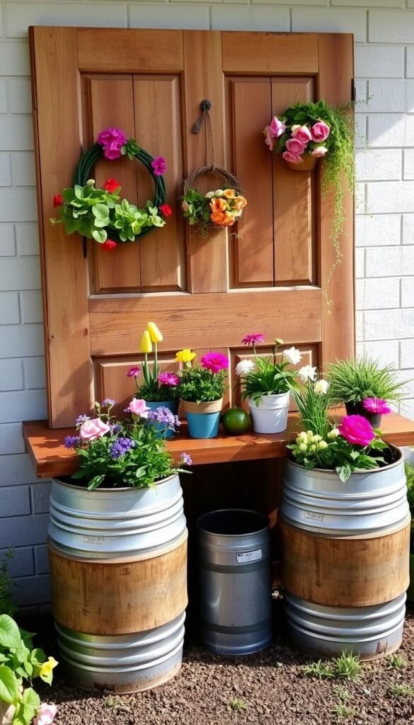 Create an image of a gardening station made from an old wooden door and galvanized barrels