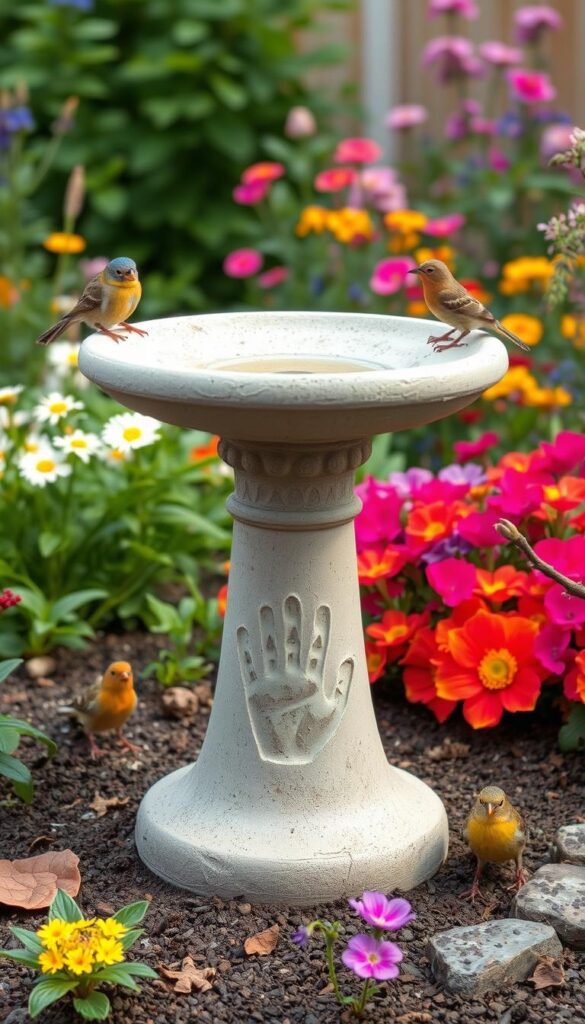 Create an image of a handprint concrete birdbath with a child's handprint