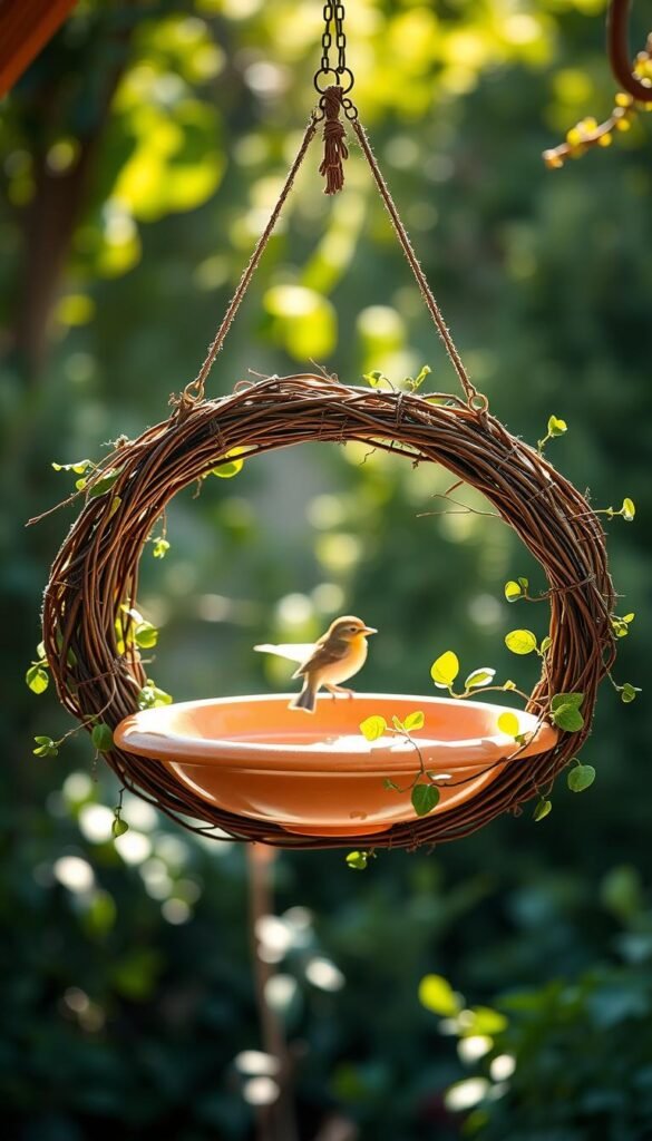Create an image of a hanging birdbath using a terracotta saucer and a grapevine wreath.