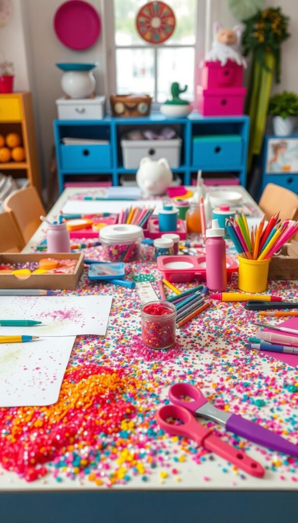 Create an image of a kid's craft table with glittery materials and projects