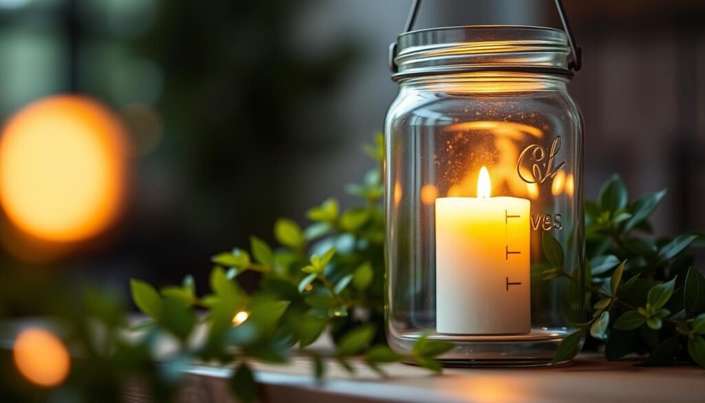 Create an image of a mason jar lantern with a candle inside, surrounded by greenery.