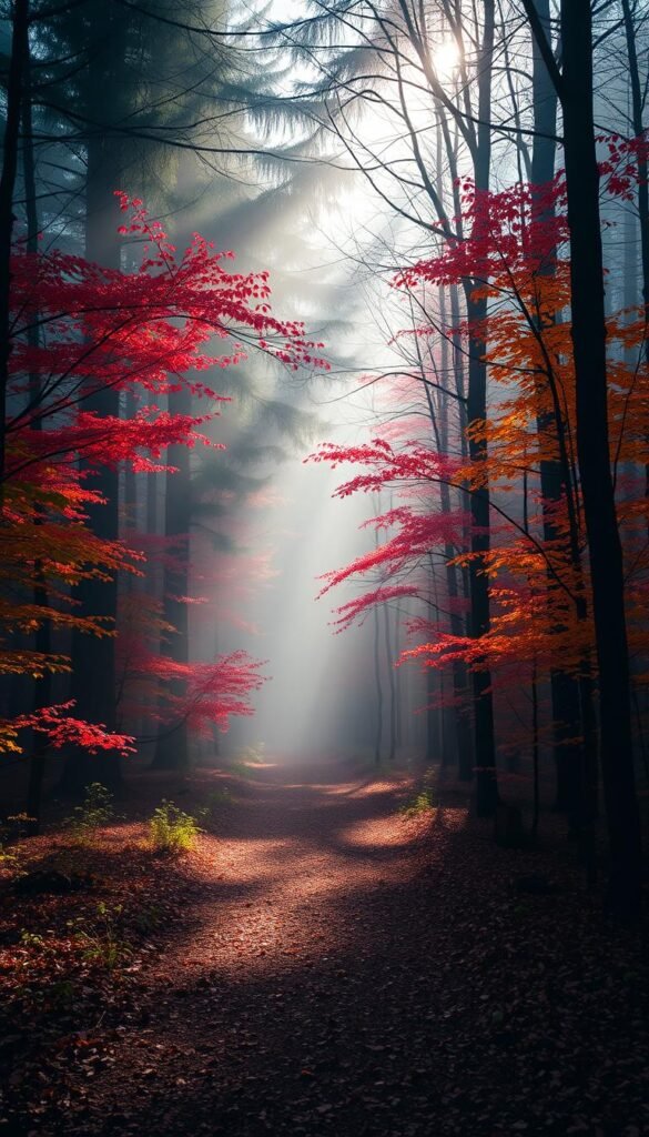 Create an image of a misty forest pathway with filtered sunlight and colorful foliage.