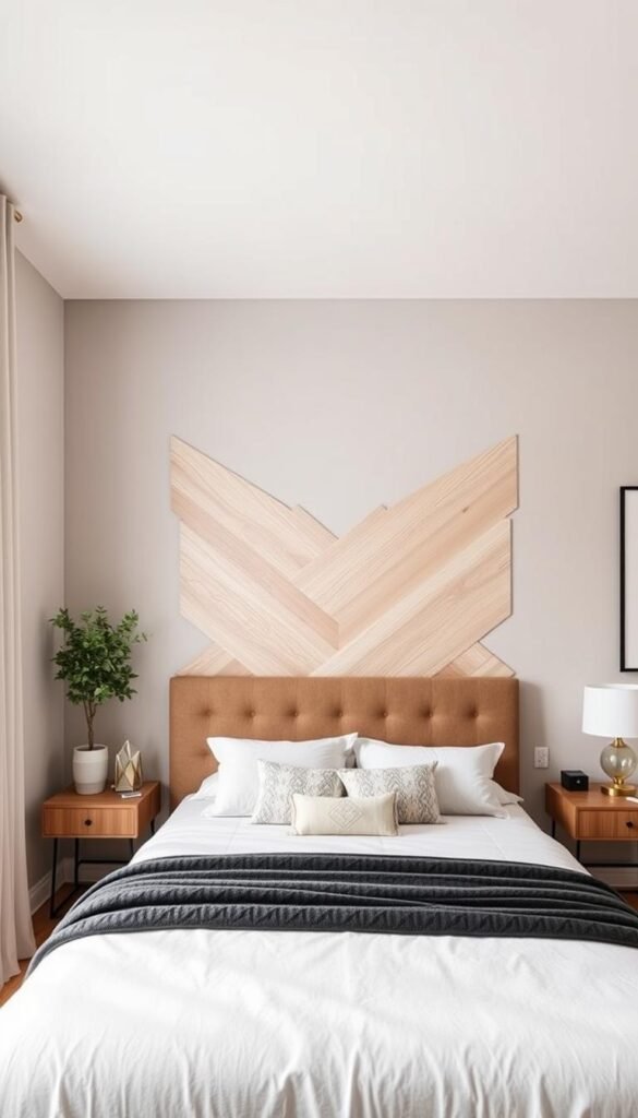 Create an image of a modern bedroom with a geometric plywood headboard.