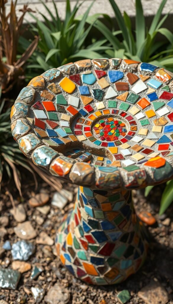 Create an image of a mosaic birdbath being created with broken tiles