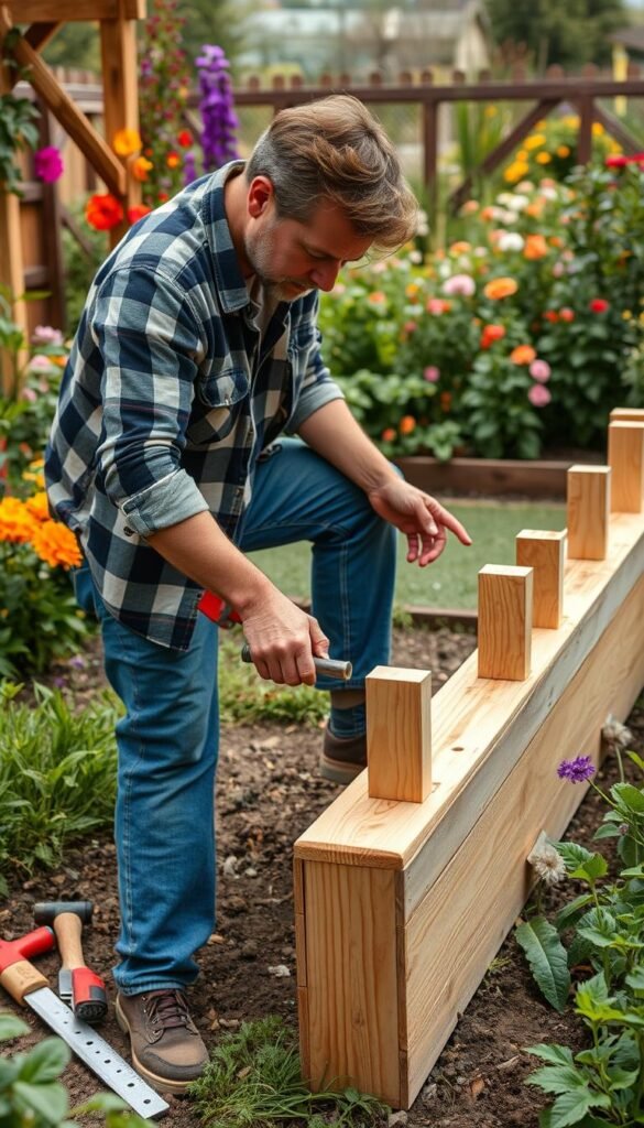 Create an image of a person building a raised garden bed using wooden planks and posts.