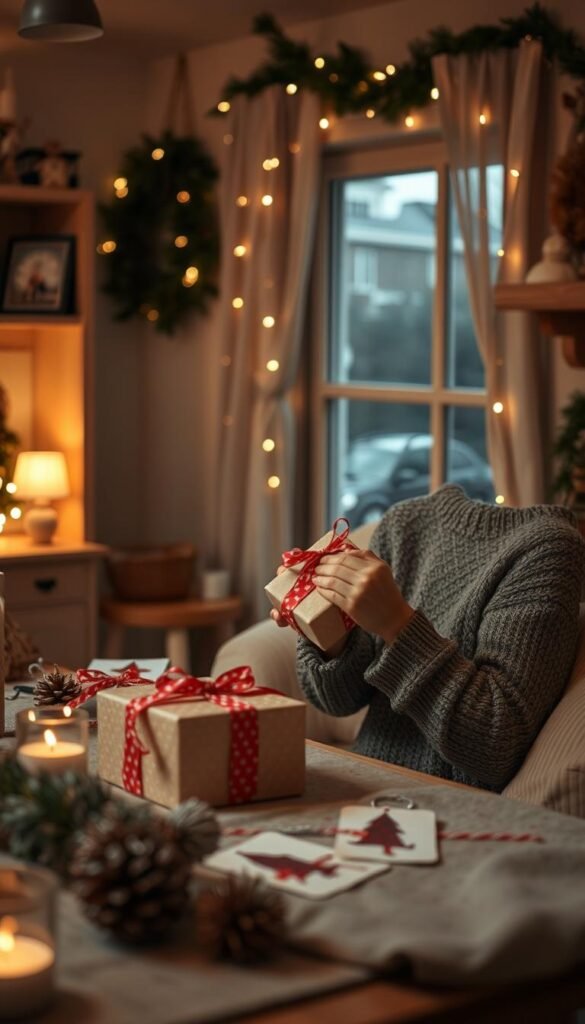 Create an image of a person crafting a gift in a cozy home environment.