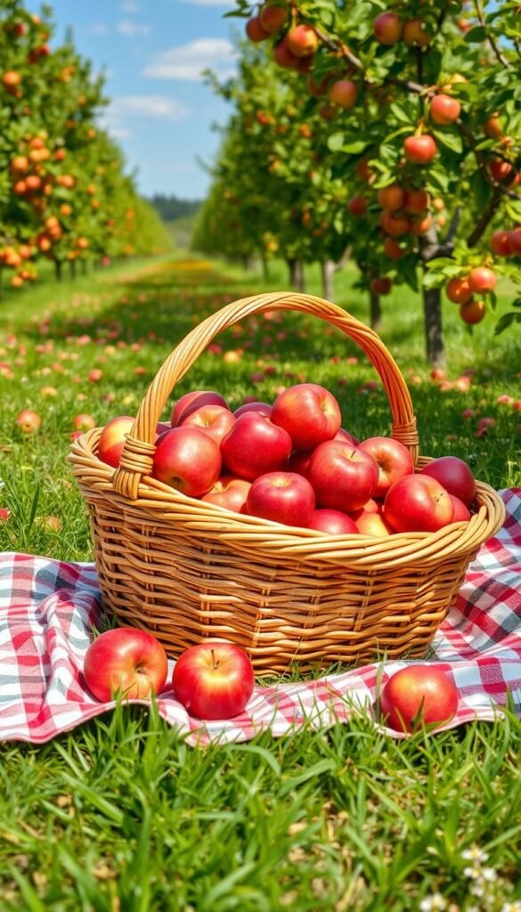 Create an image of a picturesque apple orchard with a wicker basket filled with apples and a gingham blanket.