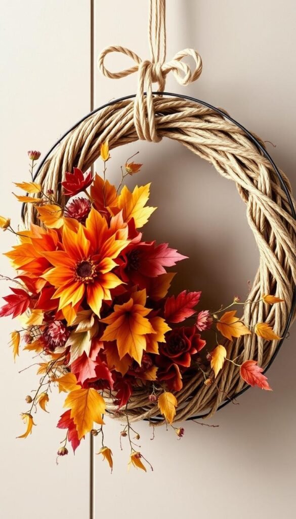 Create an image of a rustic fall wreath made from twine, fall florals, and a wire hoop.