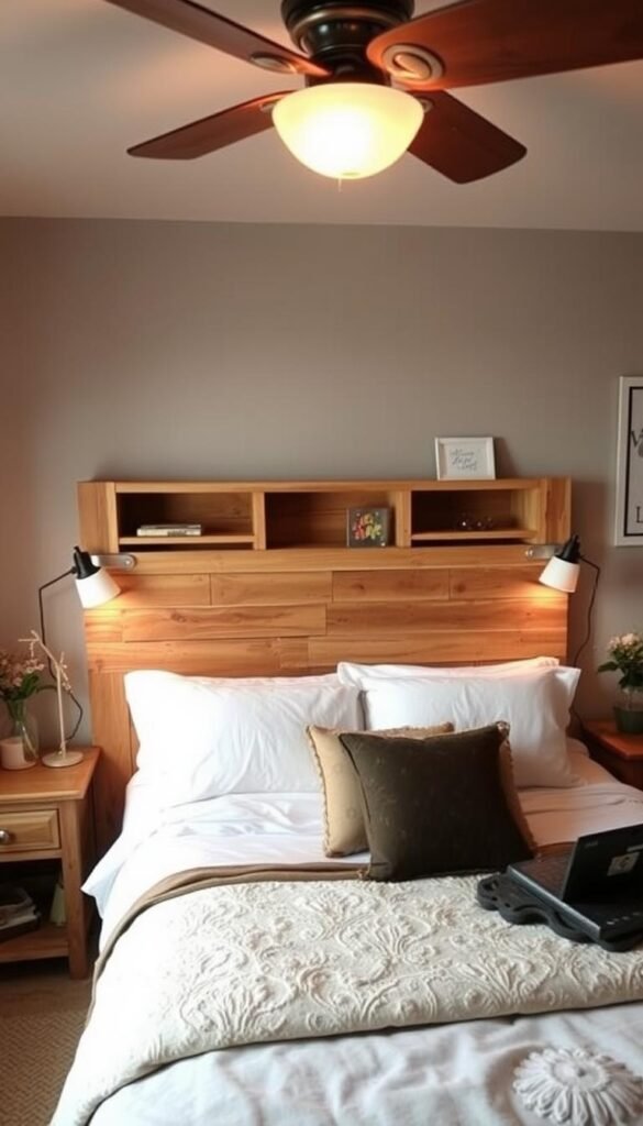 Create an image of a rustic pallet headboard with storage shelves behind a bed in a cozy bedroom.