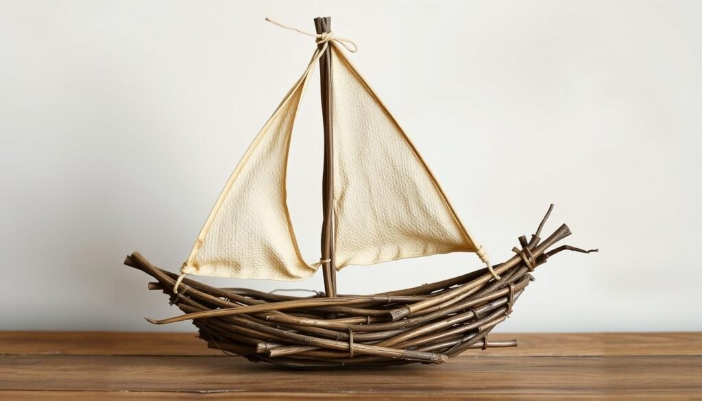 Create an image of a rustic sailboat decoration made from twigs.