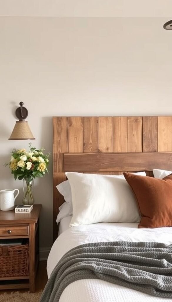 Create an image of a rustic wood plank headboard with character in a cozy bedroom setting.