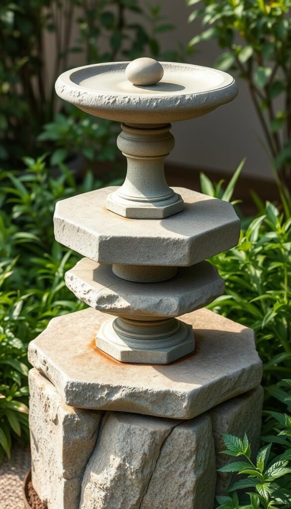 Create an image of a stacked stone birdbath with a saucer on top and a small stone in the center.