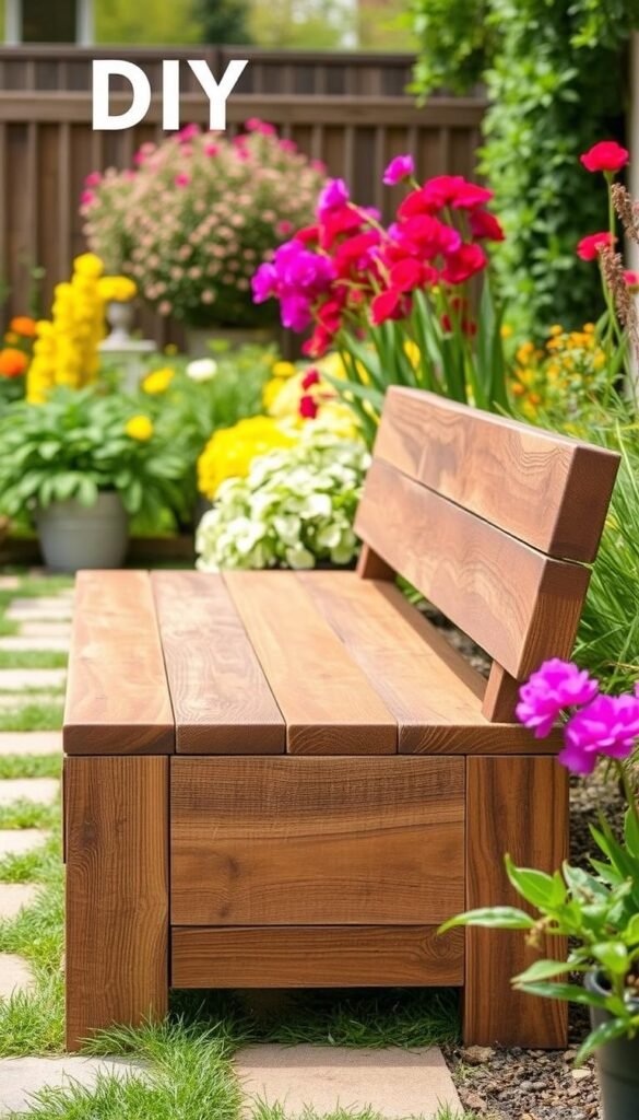 Create an image of a stylish DIY garden bench made from reclaimed wood.