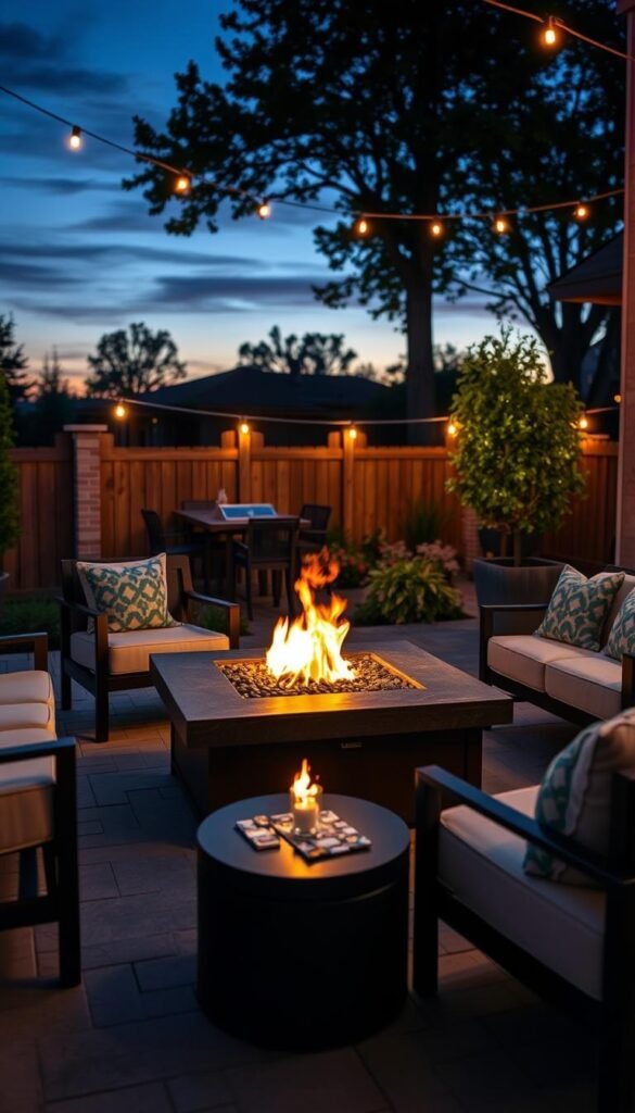 Create an image of a tabletop fire pit on a patio.
