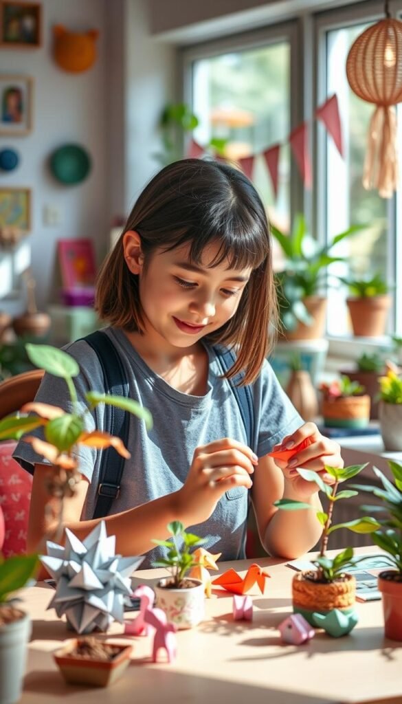 Create an image of a teen making origami house plants
